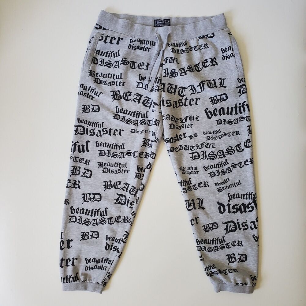 Beautiful Disaster Identity Sweatpants Heather Gray Logo Graphic Fleece Lined